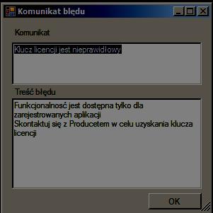 Jeżeli producent będzie chciał przekazać informację zostanie ona zaprezentowana w polu Wiadomość od producenta. Po wpisaniu prawidłowego klucza należy kliknąć przycisk Zamknij. UWAGA!