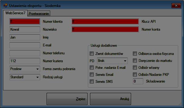 3.2.1 Siódemka Menu Ustawienia Siódemka umożliwia konfigurację eksportu do kuriera Siódemka za pomocą ich usługi WebService7 (API).