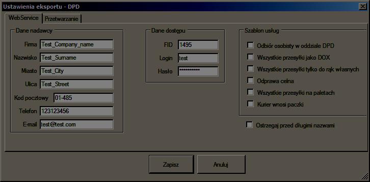 2.3.1 DPD Eksport Po kliknięciu na pozycję Ustawienia DPD Eksportu zostanie otwarte okno z konfiguracją: parametrów eksportu do kuriera Web Service przetwarzania danych Przetwarzanie W