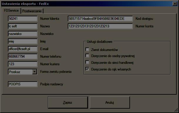 Dane te należy podać u menu Ustawienia FedEx Eksport 3.2.7.