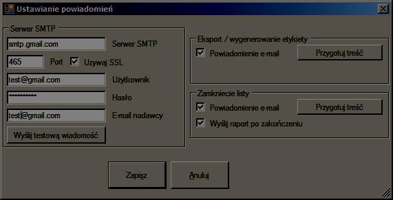 powiadomień Ilustracja 33: Okno konfiguracji Serwer SMTP w tych polach należy wprowadzić konfigurację serwera poczty elektronicznej, z której będą wysyłane powiadomienia Serwer SMTP adres serwera