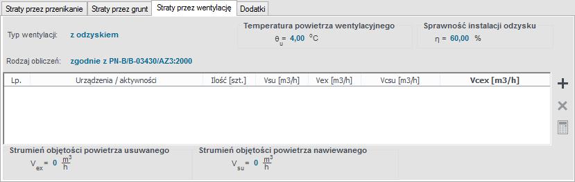 Opis obliczeń strat ciepła w pomieszczeniu Zakładka Straty przez wentylację dla normy PN-EN 12831 - wentylacja z odzyskiem, obliczenia zgodnie z normą PN-83/B-03430/Az3:2000 dodawanie nowych pozycji,