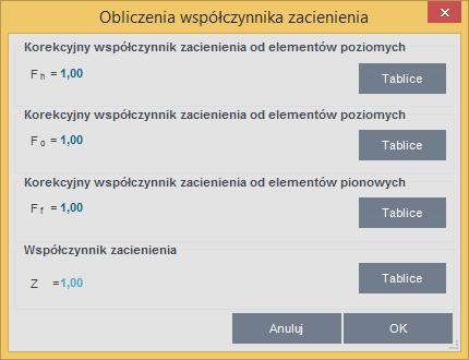Opis obliczeń sezonowego zapotrzebowania na chłód na cele chłodzenia i wentylacji OBLICZENIOWY WSPÓŁCZYNNIK ZACIENIENIA Fs lub Z współczynnik definiowany przez użytkownika lub wyliczany na podstawie