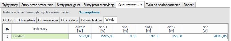 Opis obliczeń sezonowego zapotrzebowania na chłód na cele chłodzenia i wentylacji Zakładka wewnętrznych zysków ciepła metoda szczegółowa wyniki TRYB PRACY pole do podglądu dla jakiego trybu pracy