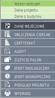 Opis danych wejściowych projektu 4.1 ETAP WYBÓR OBLICZEŃ W programie ArCADia-TERMO, w zależności od tematu wykonywanych obliczeń, zmienia się liczba wyświetlanych etapów.