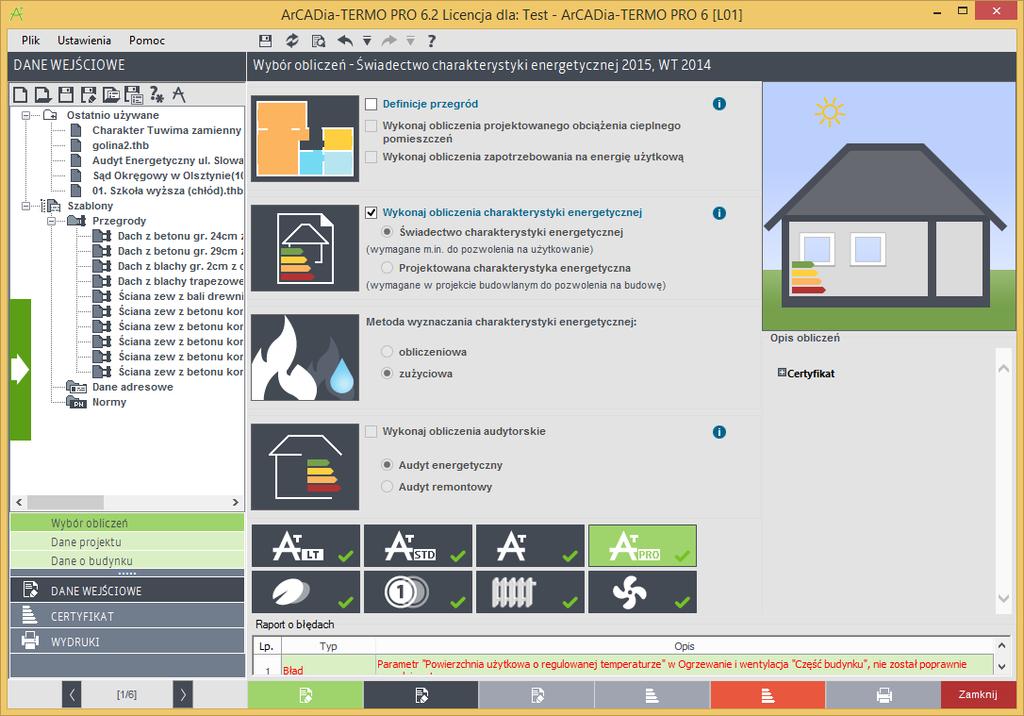 Opis danych wejściowych projektu Przyciski wersji programu Okno wyboru