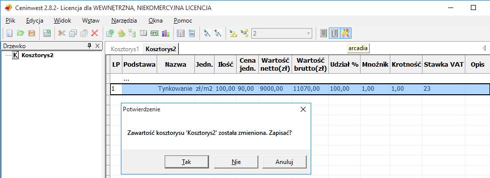 Praca z modułem Audyt Dla każdej pozycji określamy: nazwę, jednostkę, ilość, cenę jednostkową, udział %, mnożnik, krotność oraz