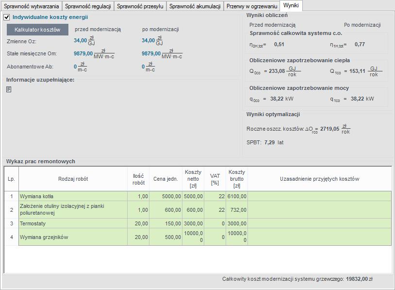 Praca z modułem Audyt W przypadku, gdy w budynku była przeprowadzana modernizacja systemu grzewczego po 1984 roku należy zaznaczyć pole wyboru PRZEPROWADZONO MODERNIZACJĘ SYSTEMU GRZEWCZEGO PO 1984