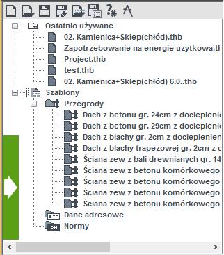Opis danych wejściowych projektu Drzewko projektów i szablonów oraz podgląd wskaźnika EP Nowy projekt (Ctrl + N), Otwórz istniejący projekt (Ctrl + O), Zapisz