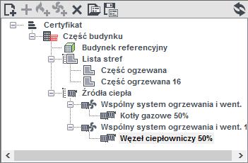 Certyfikat 11.1.1.1 Drzewko struktury świadectwa charakterystyki energetycznej - ogrzewanie i wentylacja Drzewko to służy do zarządzania strukturą obliczeń świadectwa.