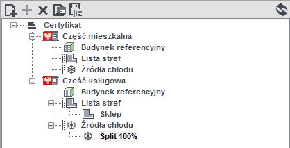 Certyfikat 11.3.1.1 Drzewko struktury świadectwa charakterystyki energetycznej - chłodzenie Drzewko to służy do zarządzania strukturą obliczeń świadectwa.