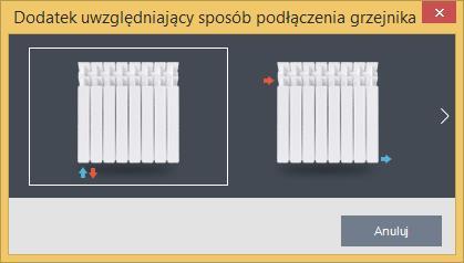 DOBÓR GRZEJNIKÓW Okno dodatek na podłączenie grzejnika DODATEK UWZGLĘDNIAJĄCY OCHŁODZENIE WODY βs pole do edycji przez użytkownika, pod przyciskiem Tablice mamy podpowiedź wg poniższej tabelki,