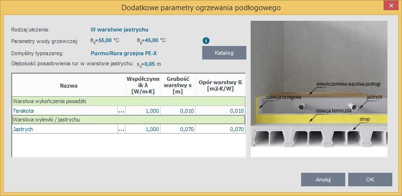 DOBÓR GRZEJNIKÓW Okno dodatkowe parametry ogrzewania podłogowego ułożenie w warstwie jastrychu Okno dodatkowe parametry ogrzewania podłogowego ułożenie w warstwie izolacji RODZAJ UŁOŻENIA użytkownik