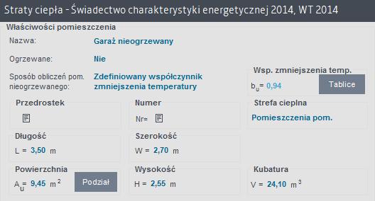 Opis obliczeń strat ciepła w pomieszczeniu Okno właściwości pomieszczenia