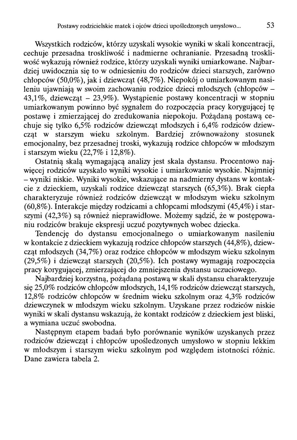 Postawy rodzicielskie matek i ojców dzieci upośledzonych umysłowo... 53 Wszystkich rodziców, którzy uzyskali wysokie wyniki w skali koncentracji, cechuje przesadna troskliwość i nadmierne ochranianie.