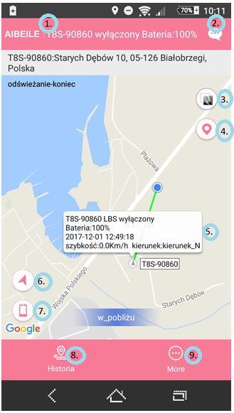 Kiedy zalogujemy się do aplikacji pokaże się mapa z lokalizacją urządzenia: 1. Podstawowe informacje o lokalizatorze (nazwa, status włączenia, stan baterii, lokalizacja) 2.