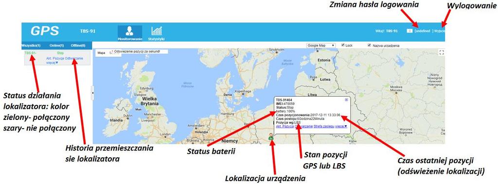 EKRAN GŁÓWNY PLATFORMY WWW PO ZALOGOWANIU: Kiedy lokalizator jest połączony(online) z siecią jest koloru zielonego, gdy jest nie połączony jest koloru szarego(offline).