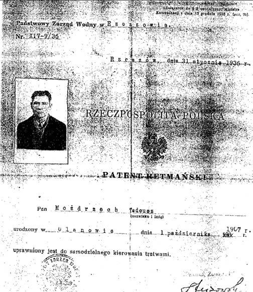 Skąd Pana zainteresowanie flisactwem? Patent retmański Tadeusza Możdrzecha z Ulanowa wydany w 1936 r.
