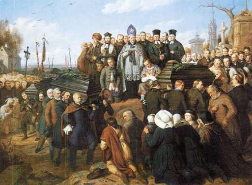 Uroczystości pogrzebowe pięciu poległych chowanie trumien ze zmarłymi do grobów na warszawskich Powązkach. Obraz A. Lessera, Pogrzeb pięciu ofiar manifestacji w Warszawie w 1861 r.