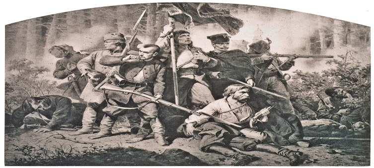 W powstaniu styczniowym historycy doliczyli się około 1200 większych bitew i potyczek. Jedna z nich sportretowana została na obrazie Bitwa.