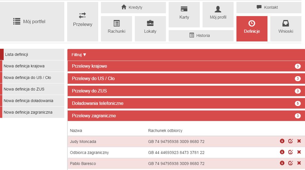 112 Definicje Rysunek 11.26: Lista definicji zagranicznych jest szczególnie użyteczna przy wykonywaniu dużej liczby przelewów do zaufanych odbiorców (np. przelewy pomiędzy swoimi rachunkami).