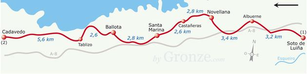 Etap 23 Soto de Luina - Cadavedo (20.6 km) Ten etap umożliwia różne opcje drogi ale z małą możliwością wyboru.