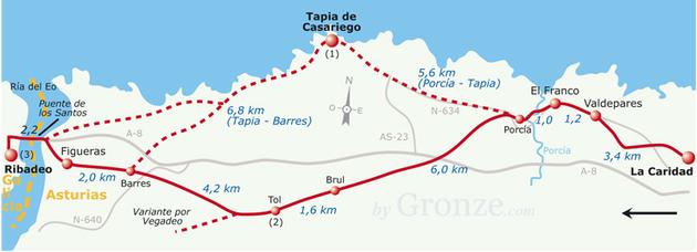 Etap 26 La Caridad - Ribadeo (21.6 km) Spokojny i przyjemny etap. Wędrujemy na początku blisko N-634 by dalej iść szlakiem do części końcowej Figueras Ribadeo.