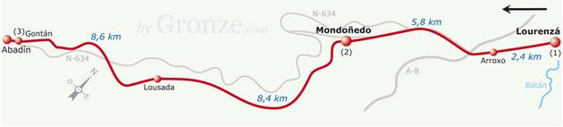 Etap 28 Lourenza - Abadín (25 km) Wyraźnie zarysowane wzniesienie doprowadza nas do cmentarz by minąć go górą i szlakiem zejść do Arroxo (km 2,9), odkąd kontynuujemy marsz dawną szosą N-634 do Grove.