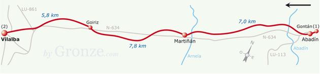 Etap 29 Abadín - Vilalba refugio (18.2 km) Lekkim zejściem idziemy do przejścia przez most dla pieszych na rzece Abadín (może być pewien odcinek gliniasty).