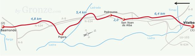 Etap 30 Vilalba refugio - Baamonde (22.7 km) Drugi przyjemny i wygodny etap bo krótki. Od refugio do ostatnich domów Vilalba jest mniej więcej 4,5 kilometra, by wyjść do zejścia rzeki Magdalena.