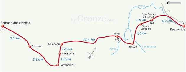Etap 31 Baamonde - Sobrado dos Monxes (40 km) Długi, bardzo długi etap który dobrze podzielić na dwa by zrobić nocleg w małej wiosce Miraz, gdzie otwarto nowe refugio dla pielgrzymów w 2005 roku.