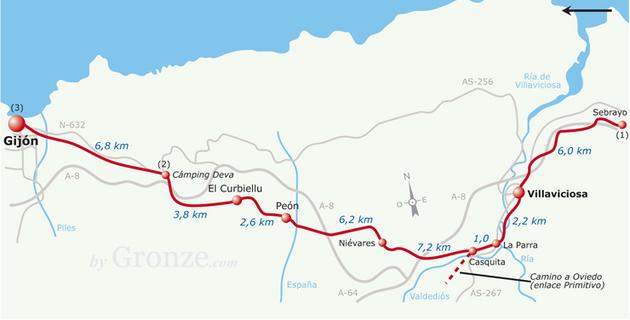 Etap 19 Sebrayo - Gijon (28.6 km) Ważny etap asturiana, po którym musimy zdecydować czy kierować się do Avilés brzegiem (Gijón), albo pójść do Oviedo.
