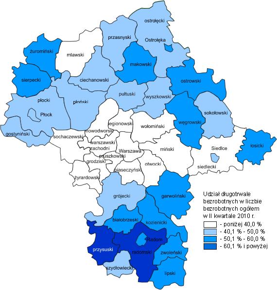 Wśród długotrwale bezrobotnych kobiety stanowiły 51,9% (54.921 osób). Prawo do zasiłku posiadało 1.628 osób (tylko 1,5% ogółu długotrwale bezrobotnych).