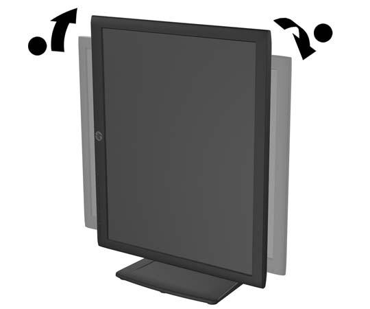 4. Zmień orientację monitora z poziomej na pionową (lub odwrotnie) w zależności od jego zastosowania. a. Ustaw monitor w najwyższym położeniu i przechyl go maksymalnie do tyłu (1). b.