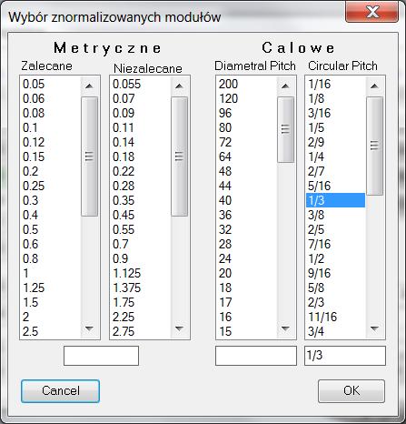 Nowe funkcje makra w wersji V4.0 W tej wersji ułatwiono wprowadzanie wartości modułu. Umieszczono tablicę znormalizowanych modułów metrycznych i calowych Diamaetrial Pitch i Circular Pitch.