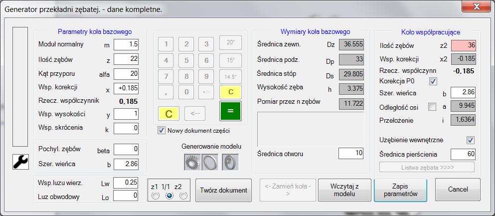 Wprowadzanie parametrów dla uzębienia wewnętrznego. 1.