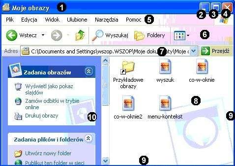 Elementy okna systemu Windows i zarządzanie nimi rys. 4 1 Belka tytułowa z nazwą folderu lub programu 2- Przycisk minimalizacji okna przejście okna na Pasek zadań 3 Maksymalizacja okna ew.