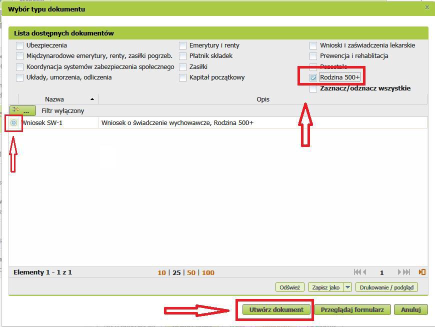4. Z listy dostępnych dokumentów wybierz Rodzina 500+, zaznacz opcję Wniosek SW-1/Wniosek