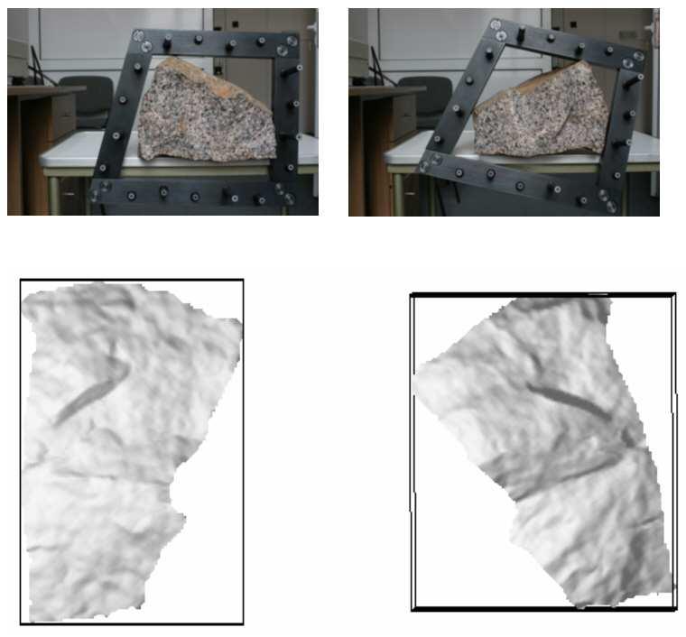 Fotogrametryczny pomiar powierzchni przełamań rzeźb archeologicznych w celu ich wzajemnego dopasowania dwóch połówek testowego kamienia, wraz ze sterogramami, które zastosowano do pomiaru.