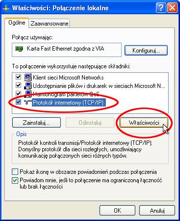 W kolejnym oknie z listy dostępnych usług należy zaznaczyć Protokół internetowy TCP/IP i znów wybrać jego