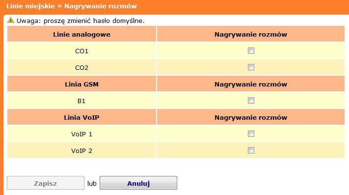 4.3. Konfiguracja linii miejskich 4.3.1. Nagrywanie rozmów W zakładce Nagrywanie rozmów wskazujemy linie miejskie, z których mają być nagrywane prowadzone rozmowy na karcie SD.