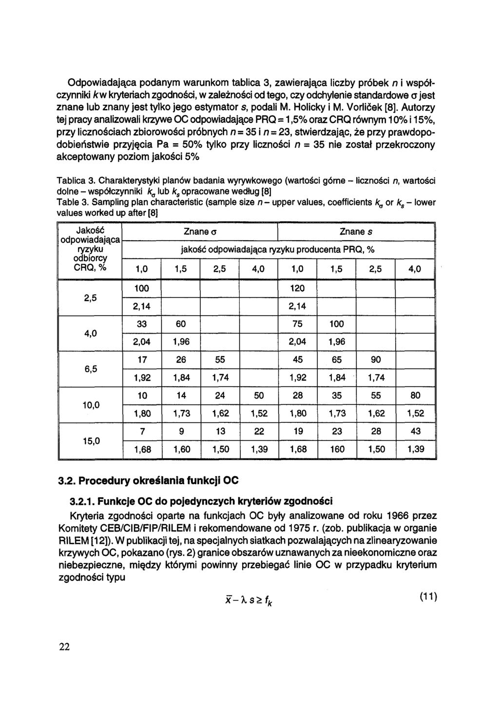 Odpowiadająca podanym warunkom tablica 3, zawierająca liczby próbek i współczynniki /cw kryteriach zgodności, w zależności od tego, czy odchylenie standardowe jest znane lub znany jest tylko jego
