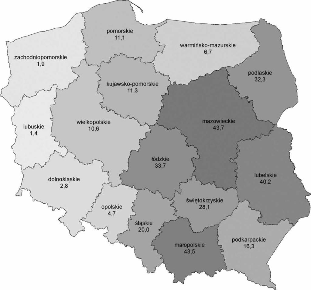 Lasy prywatne ważne źródło produkcji i podaży drewna 119 Rycina 1. Udział lasów prywatnych w ogólnej powierzchni leśnej województw Źródło: GUS.