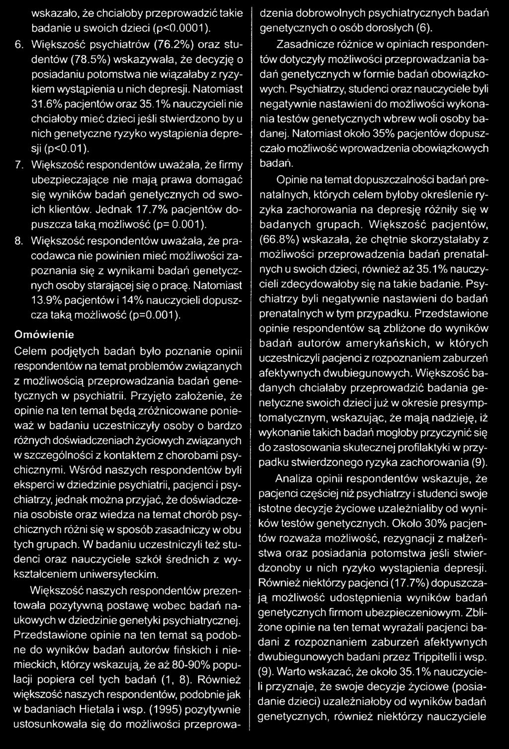 1 % nauczycieli nie chciałoby mieć dzieci jeśli stwierdzono by u nich genetyczne ryzyko wystąpienia depresji (p<0.01). 7.