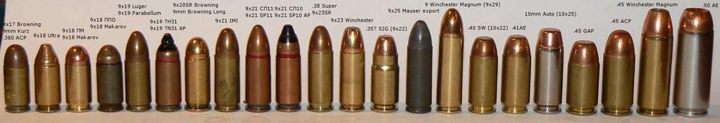 od lewej 1. 5.45x18 MPTs 2. 5.7x28 FN 3. 6.35x16SR Browning /.25ACP 4..25 NAA 5..32 NAA 6. 7.65x17SR Browning /.32ACP 7..30 Pedersen 8. 7.62x25 9..223 Timbs (5.56/7.62x25) 10. 7.63 Mannlicher 11. 7.65x21 Luger 12.