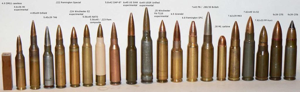 Naboje dla karabinów szturmowych (pośredniej mocy) od lewej: 1. 4.9 DM11 caseless 2. 4.6x36 HK spoontip bullet (experimental, Germany) 3. 4.9x49 Enfield (experimental, UK) 4. 5.45x39 7N6 5.