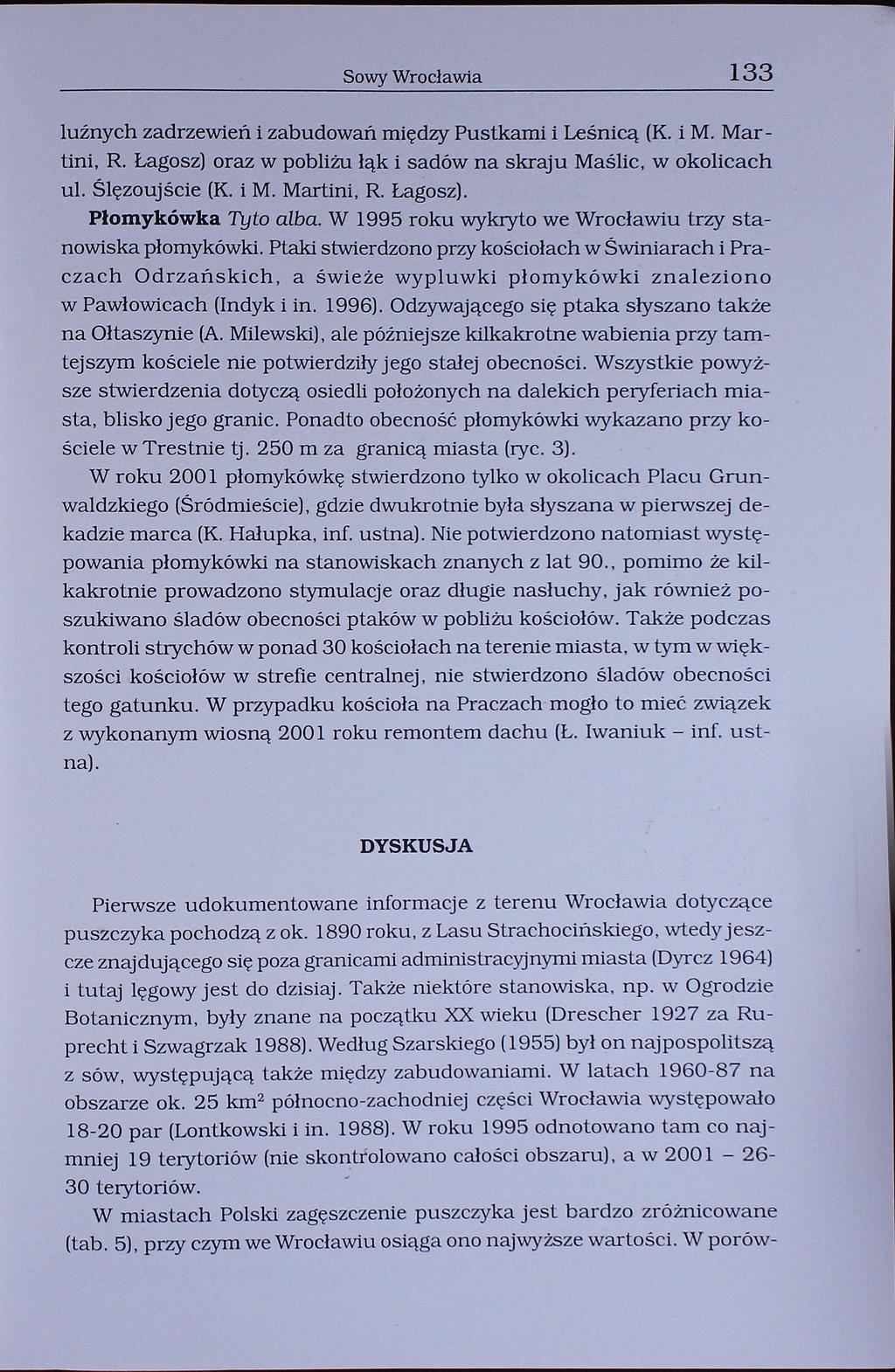 Sowy Wrocławia 133 luźnych zadrzewień i zabudowań między Pustkami i Leśnicą (K. i M. Martini, R Łagosz) oraz w pobliżu łąk i sadów na skraju Maślic, w okolicach ul. Ślęzoujście (K. i M. Martini, R. Łagosz). Płomykówka Tyto alba.