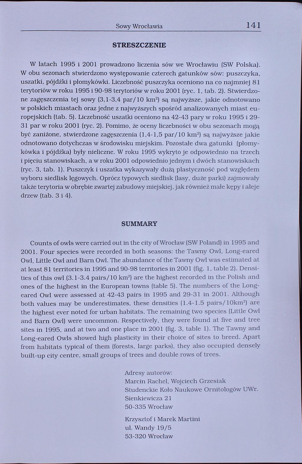 Sowy Wrocławia 141 STRESZCZENIE W latach 1995 i 2001 prowadzono liczenia sów we Wrocławiu (SW Polska).