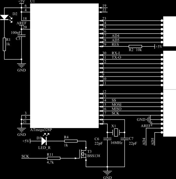Mikrokontroler AVR ATmega328P Wbudowany mikrokontroler AVR ATmega328P ﬁrmy ATMEL pozwala na wykorzystanie płytki w rozwojowych aplikacjach, w których wymagana jest duża pojemność pamięci Flash (32