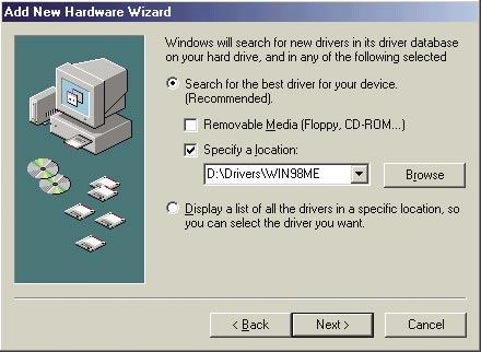 Instalacja sterowników (kontynuacja) Windows Me Wybierz Specify the
